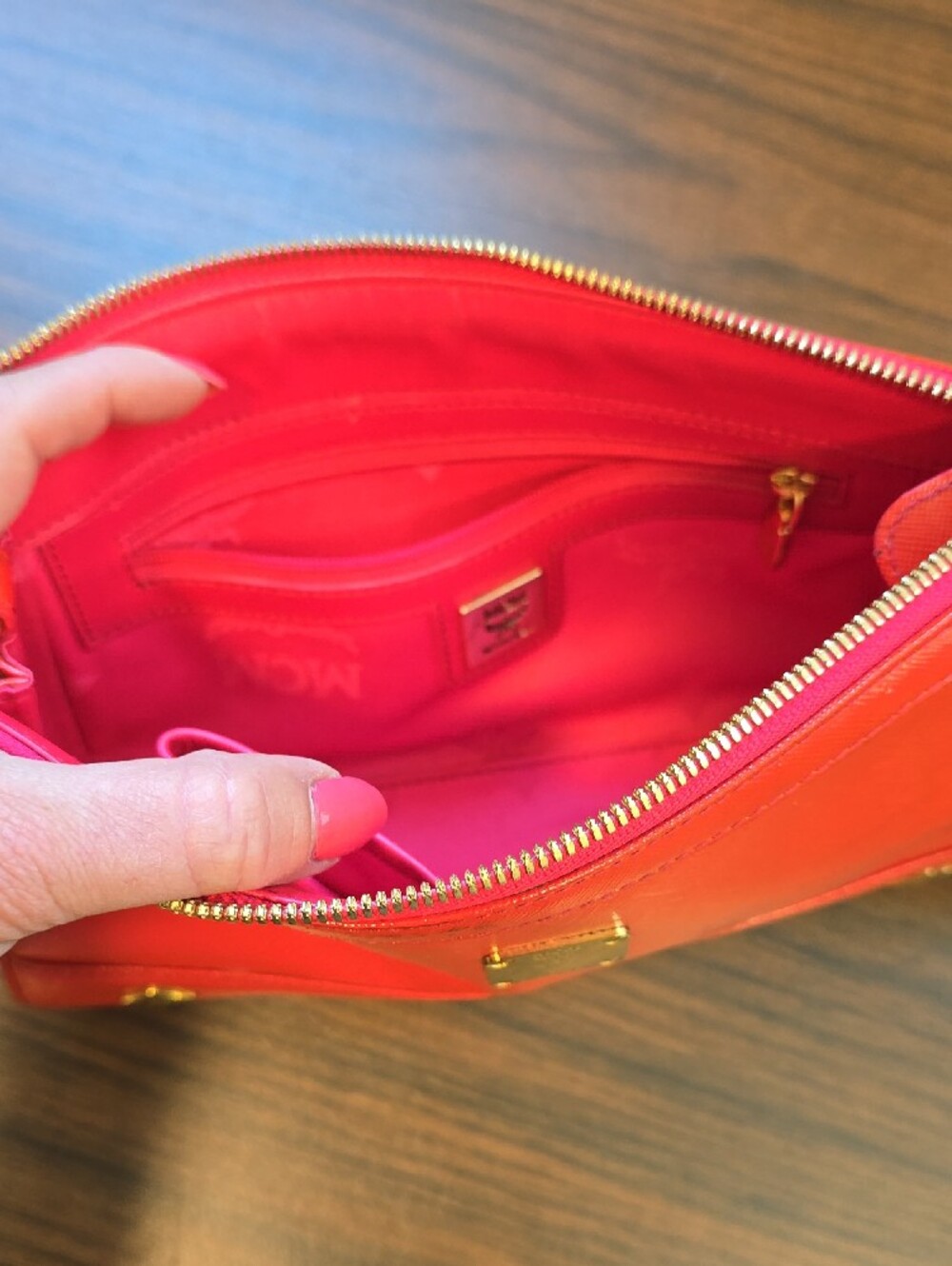 MCM Coral-Red Leather Shoulder Bag with Gold Chain - Picture 2 of 9